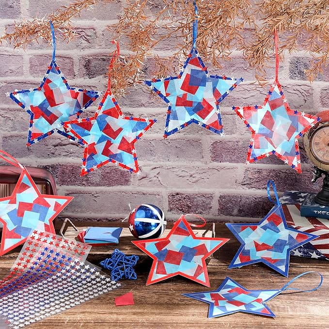 Yaomiao 30 Set Memorial Day Patriotic Suncatchers Paper Crafts Kit DIY Star Shaped Stained Glass Effect Tissue Paper Activities Hanging Decor Gift for Memorial Day