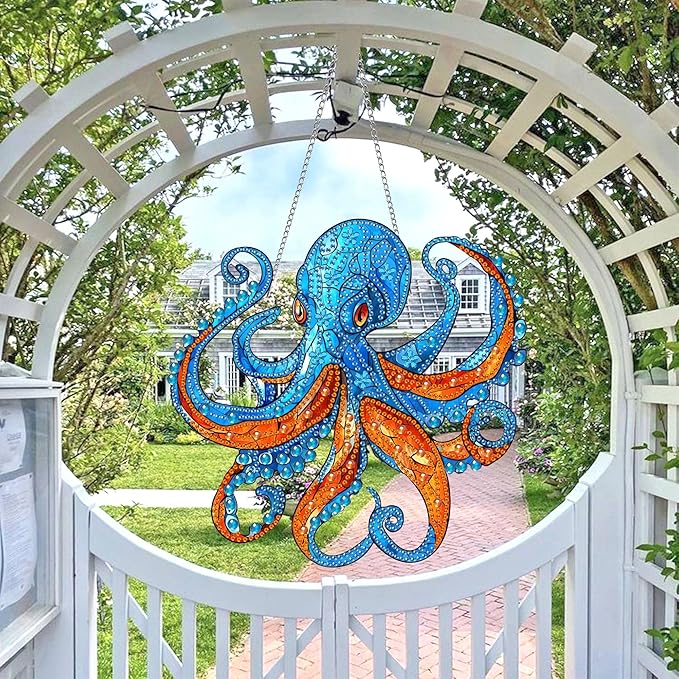 Wergund 5D DIY Octopus Diamond Art Hanging Kits, Hanging Diamond Art Animal, Acrylic Special Shaped Rhinestone, Window Hanging Pendants for Home Wall Garden Front Door Outdoor Decor Gift(Octopus)