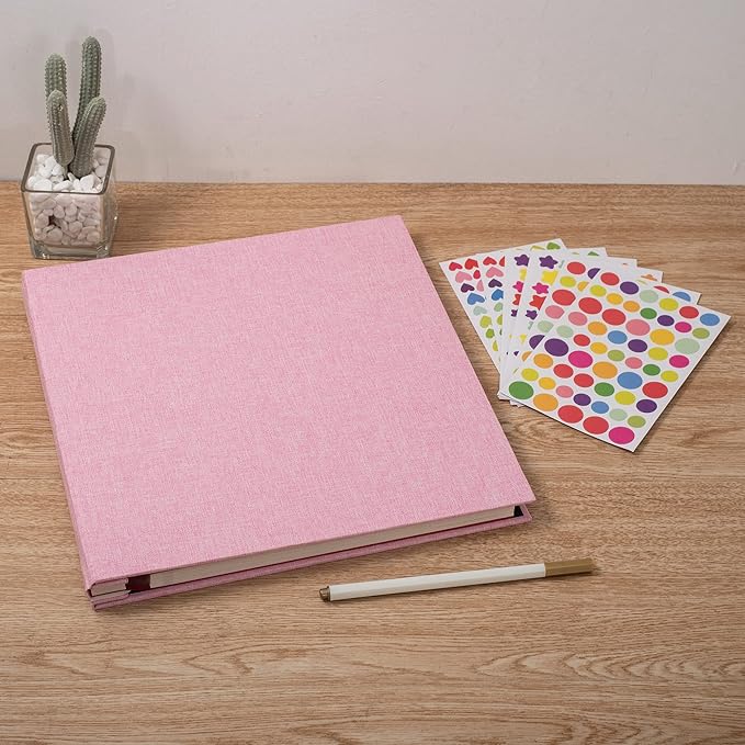 Large Photo Album Self Adhesive 4x6 8x10 10x12 13"x12.8" Magnetic Scrapbook Album 12.6"x11" Inch 40 Pages Linen Cover DIY Photo Album with A Metallic Pen and DIY Stickers(Pink)