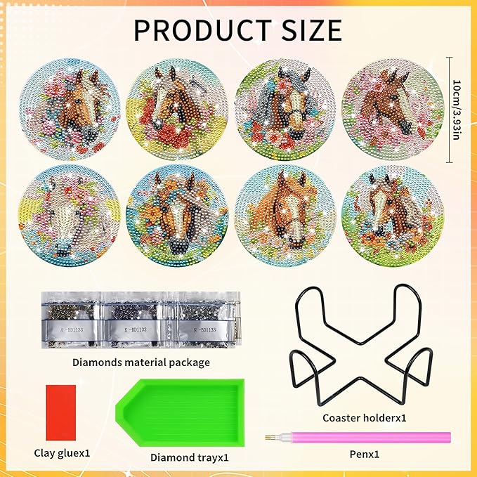 Horse Diamond Art Coasters Kits, 8 Pcs Diamond Painting Coaster with with Holder and Cork Pads, Horses DIY Crafts Gem Art Kit for Adults Beginners Home Decor Halloween Christmas Gifts