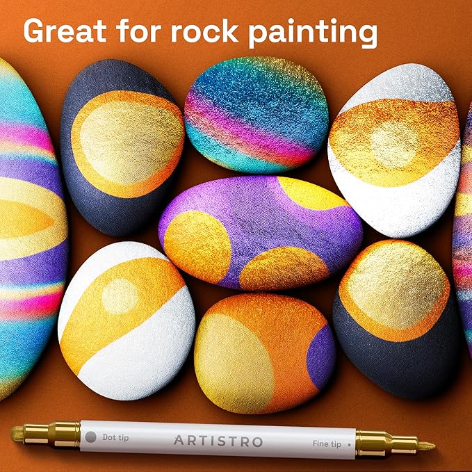 ARTISTRO 24 Metallic Acrylic Paint Markers for Rock, Fabric, Wood, Glass, Eggs - Dual-Tip Paint Pens for Coloring Books for Adults, Teens - Art & Craft Supplies - Gift Idea - Easter Basket Stuffers