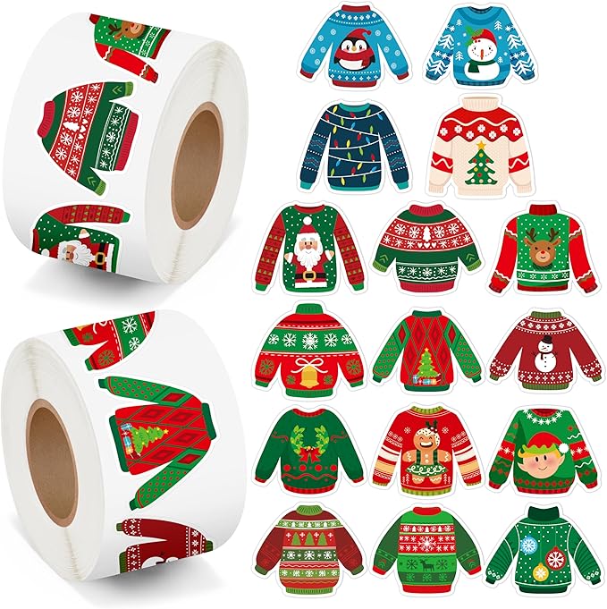 beyumi christmas sweater shaped sticker - 1000pcs christmas sweaters stickers in 2 rolls winter adhesive cute funny wintertime pullover sweater decal holiday party favor tag gift bottle decor for kids