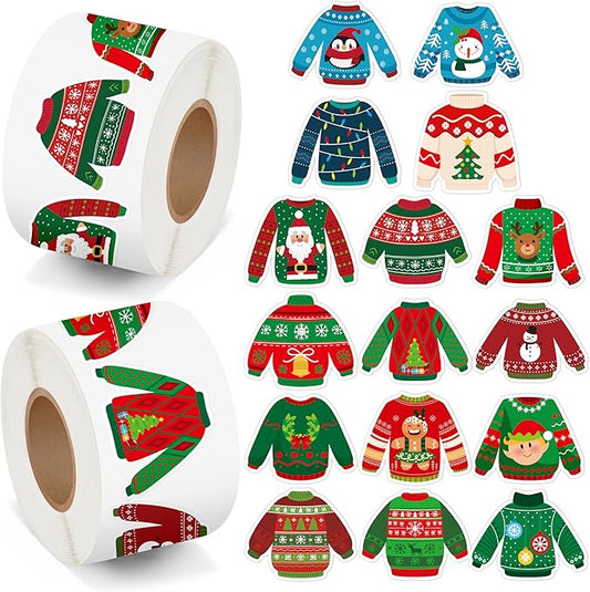 beyumi christmas sweater shaped sticker - 1000pcs christmas sweaters stickers in 2 rolls winter adhesive cute funny wintertime pullover sweater decal holiday party favor tag gift bottle decor for kids