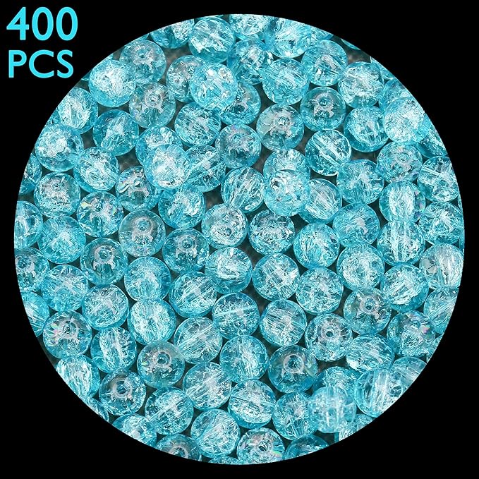 400PCs 4mm Blue Crackle Glass Beads Bulk, Round Smooth Hole Glass Crystal Beads for Jewelry Making, DIY Bracelets, Necklaces, Bag Charms, Keychains and Craft Projects