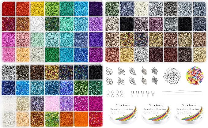 42000Pcs 2mm Glass Seed Beads 12/0 Small Tiny Beads Kit with 150Pcs Alphabet Letter Beads Pendants Charms Jump Ring Elastic String for DIY Bracelets Necklace Jewelry Making Supplies