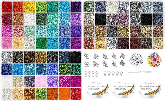 42000Pcs 2mm Glass Seed Beads 12/0 Small Tiny Beads Kit with 150Pcs Alphabet Letter Beads Pendants Charms Jump Ring Elastic String for DIY Bracelets Necklace Jewelry Making Supplies