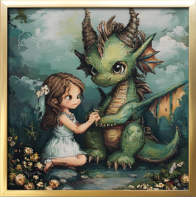 leczany cross stitch stamped kits for adults beginners patterns craft kit needlepoint full range of diy embroidery kits starter 11ct 3 strands | dragon and girl 17.7×17.7 inches