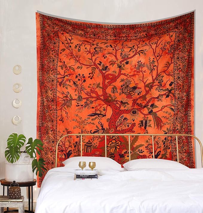 the art box tapestry orange tree of life wall hanging – indian cotton twin bedspread, picnic sheet, wall decor, blanket, wall art for bedroom (twin, 82x54 inch)