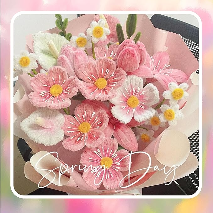 300 Pcs Thick Pipe Cleaners,Craft Supplies Floral Bonquet,DIY Flower Making Kit for Starter with Floral Wires, Gardening Tape,Stamen (Pink+White+Green)