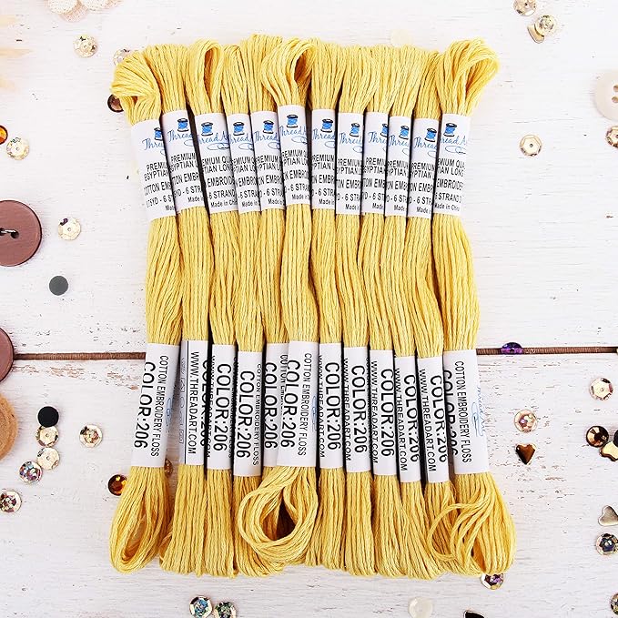 12 Skeins ThreadArt Premium Egyptian Long Fiber Cotton Embroidery Floss | Yellow | 6 Strand Divisible Thread 8.75yds Each for Hand Embroidery, Friendship Bracelets, Cross Stitch and Crafts