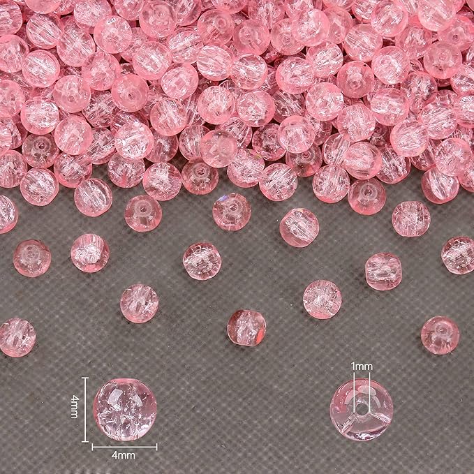 400PCs 4mm Pink Crackle Glass Beads Bulk, Round Smooth Hole Glass Crystal Beads for Jewelry Making, DIY Bracelets, Necklaces, Bag Charms, Keychains and Craft Projects