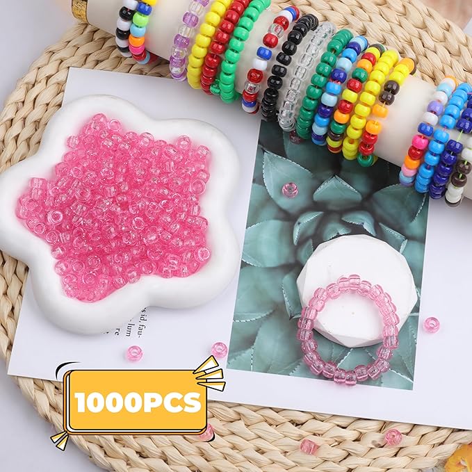 Plastic Pony Beads, 1000 Pcs, 6x9mm, for Bracelet, Hair Braiding, Friendship Bracelets, Jewelry Making (Pink Glitter)