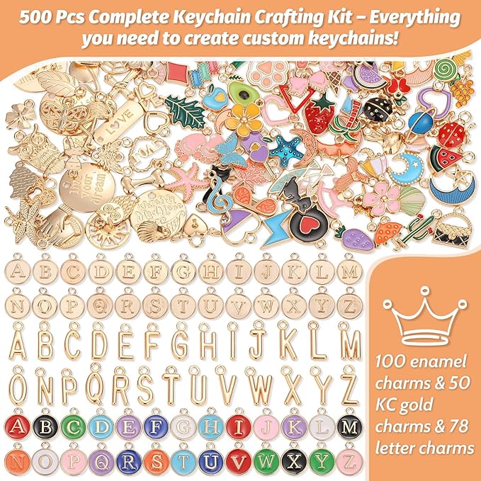 500Pcs Charms Lip Gloss Keychain Making Kit, DIY Craft Supplies with Charms, Key Chain Hooks, Jump Rings, Lobster Clasps, Chains & Tools, Jewelry Making Kit for Custom Keychains, Valentines Gifts