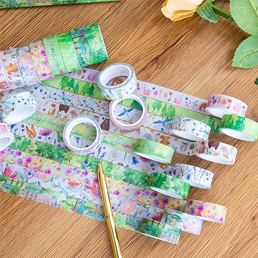 YUBBAEX 10 Rolls Four Seasons Washi Tape Set Green Grass Flowers Masking Decorative Tapes (Spring)