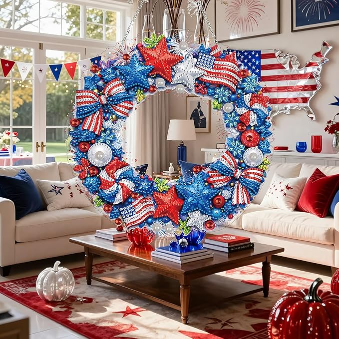 DIY Acrylic 5D Diamond Art Painting Window Pendants Home Garden Wall Hanging Kits Hanging Ornament,Double Sided. (Independence Day)