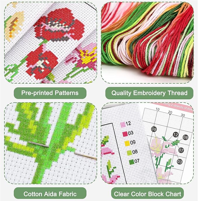 Caydo 3 Pieces Cross Stitch Bookmark Kits, DIY Stamped Embroidery Bookmark Kit for Beginner Flower Patterns 14 Count Crossstitch Projects for Book Lovers
