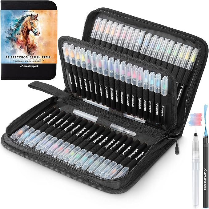 Creativepeak Watercolor Brush Pens - 72 Vibrant Soft Tip Coloring Markers with 4 Blending Brushes - Premium Art Supplies for Calligraphy, Lettering, Coloring & Journaling