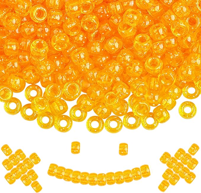 Plastic Pony Beads, 1000 Pcs, 6x9mm, for Bracelet, Hair Braiding, Friendship Bracelets, Jewelry Making (Orange Glitter)