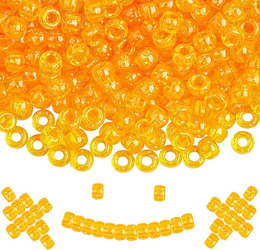 Plastic Pony Beads, 1000 Pcs, 6x9mm, for Bracelet, Hair Braiding, Friendship Bracelets, Jewelry Making (Orange Glitter)