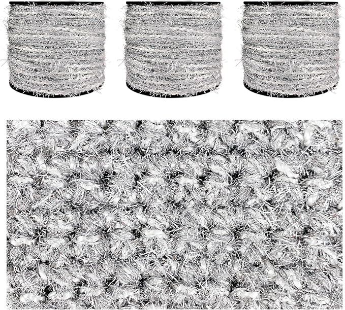 Artisanal Yarn Collection Multifiber Fancy Yarn with Laser Silver Sheen for Knitting Crocheting Crafts DIY, Set of 3 Rolls (Ice Silver)