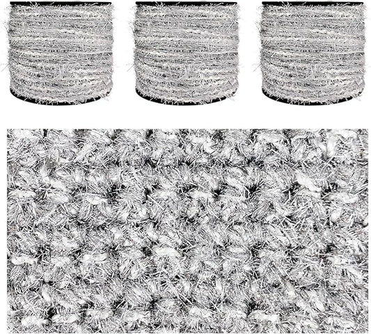 Artisanal Yarn Collection Multifiber Fancy Yarn with Laser Silver Sheen for Knitting Crocheting Crafts DIY, Set of 3 Rolls (Ice Silver)