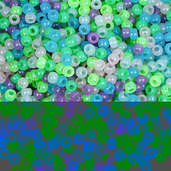 gmma glow in the dark pony beads for jewelry making - colourful plastic beads for friendship bracelets, hair braiding & party decoration - 6x9mm, 6 pack