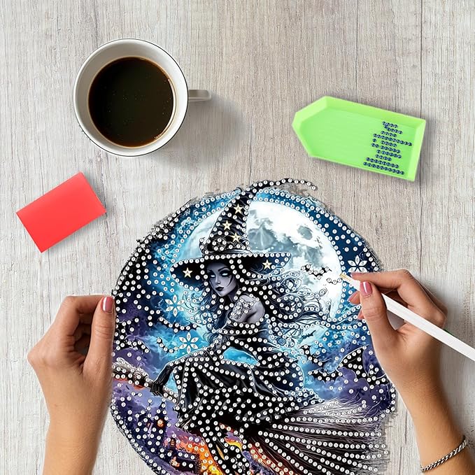 SENQAO Halloween Diamond Art Hanging Kits for Adults Beginners, DIY Acrylic 5D Special Shaped Crystal Diamond Gem Art Painting Hanging Ornament for Home Wall Decor and Gift（Retro Witch）