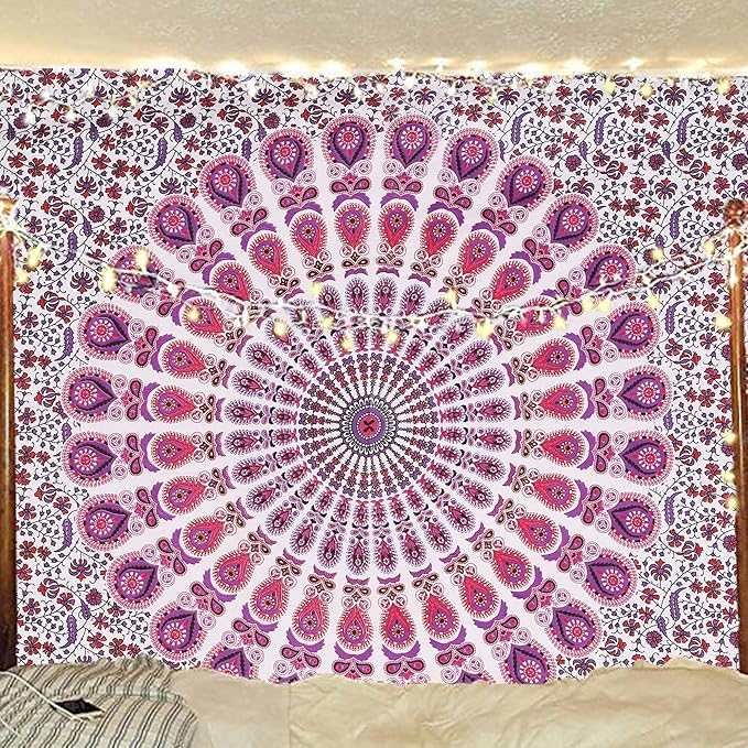 bless international handmade indian hippie bohemian psychedelic peacock mandala wall hanging college dorm beach throws table cloth bedding tapestry (pink blue, twin(54x72inches)(140x185cms))