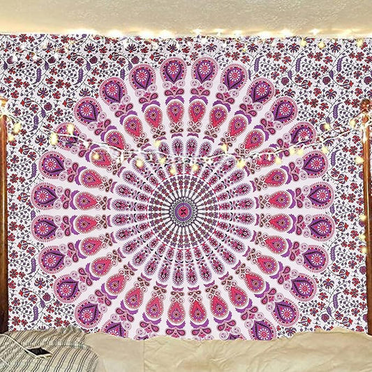 bless international handmade indian hippie bohemian psychedelic peacock mandala wall hanging college dorm beach throws table cloth bedding tapestry (pink blue, twin(54x72inches)(140x185cms))