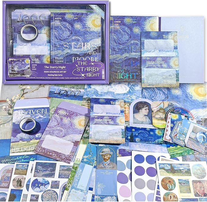 LCLAIDYDY Scrapbooking Supplies Kit,Vintage Van Gogh Oil Painting Aesthetic Scrapbook Kit,Bullet Junk Journal,A6 Grid Notebook,Journaling DIY Craft Gift for Teen Girl Women