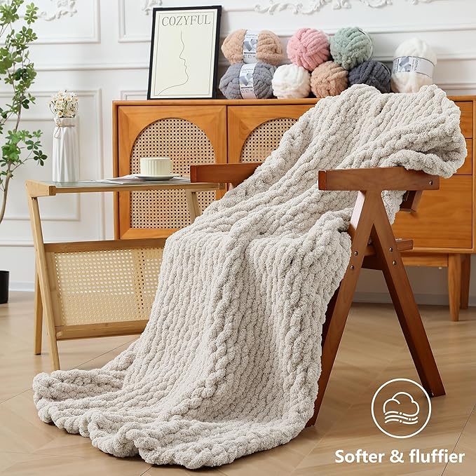 Chunky Yarn for Hand Knitting - #10 Chunky Chenille Yarn, Jumbo Big Thick Chunky Yarns for Crocheting, Super Bulky Chunky Knit Blanket Yarns, 8 Skein (25 yds 8 oz Each Skein), Beige White