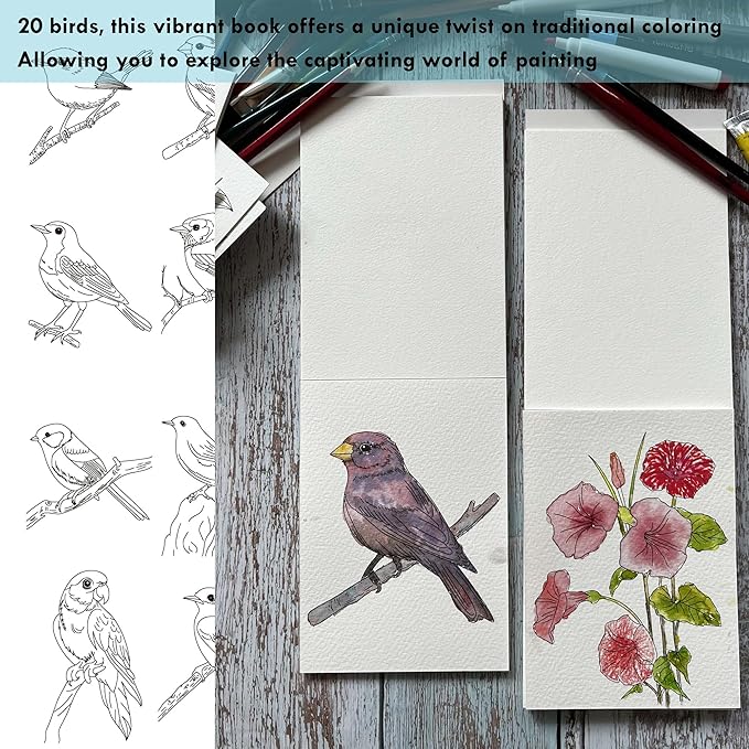 tumuarta Watercolor Coloring Book, 20 Unique Designs, 5x7”, 100% Cotton, 300GSM, 140 LB, Cold Press, Acid Free Watercolor Paper, Glue Bound Mixed Media Sketch Book Birds