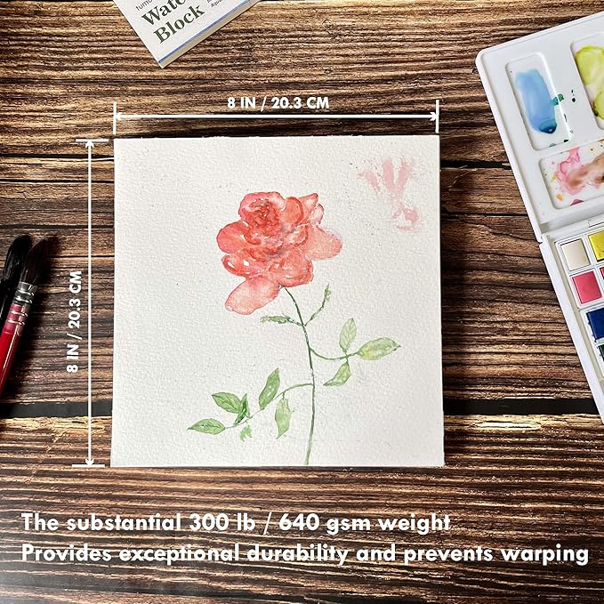 tumuarta Watercolor Block 300 LB, 640 GSM, 100% Cotton, 8X8”, 10 Sheets, Acid Free, Cold Press, Watercolor Paper Board Sketch Books for Watercolors, Acrylic and More