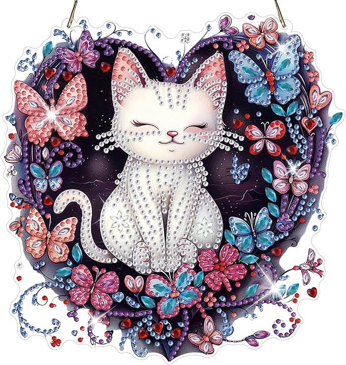 HEIBAGO Cat Diamond Art Hanging Kits for Adults, Diamond Art Suncatchers, 5D Special Shape Diamond Painting Pendant, DIY Window Ornament Gifts for Home Garden Door Wall Decor 8.3 x 8.3 Inch