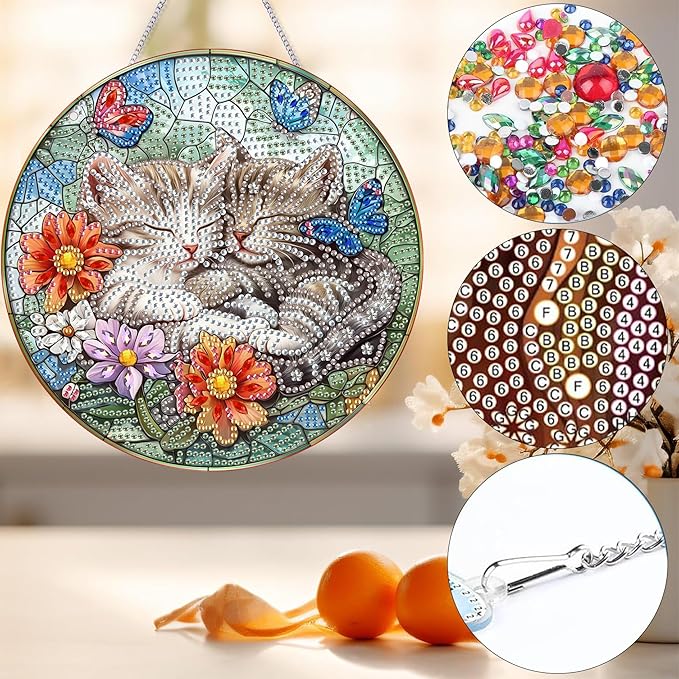 Bimkole Cat Diamond Art Hanging Kit for Adult, DIY 5D Diamond Art Flower Animal Window Pendant, Acrylic Crystal Art Hanging Ornament Home Wall Garden Front Door Sign Outdoor Decor 7.8x7.8 Inch