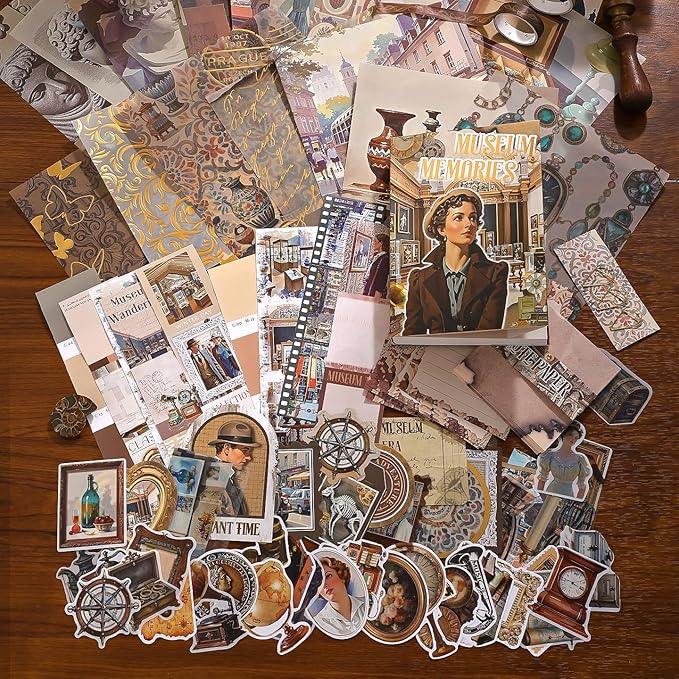 Scrapbooking Supplies Kit, Museum Aesthetic Vintage Scrapbook Kit for Bullet Junk Journal A6 Grid Notebook Stationary Journaling Supplies DIY Craft Birthday Holiday Gifts for Women Kid Teen Girl