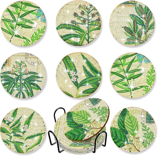 8 Pcs Diamond Painting Coasters | Leaves Diamond Art Coasters | Perfect Art Craft Gift for Leaves Lover, Dad, Mom, Grandparents, Brother, Sister