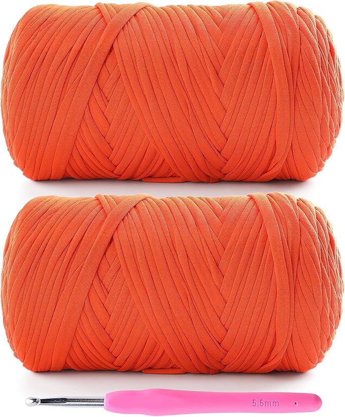 2 Pack Tshirt Yarn for Crochet - 800 g/260 yds T Shirt Yarn for Crocheting Bags/Baskets/Home Decor - Soft Elastic Fabric T-Shirt Yarn with 1 Crochet Hook (2, Orange Red)