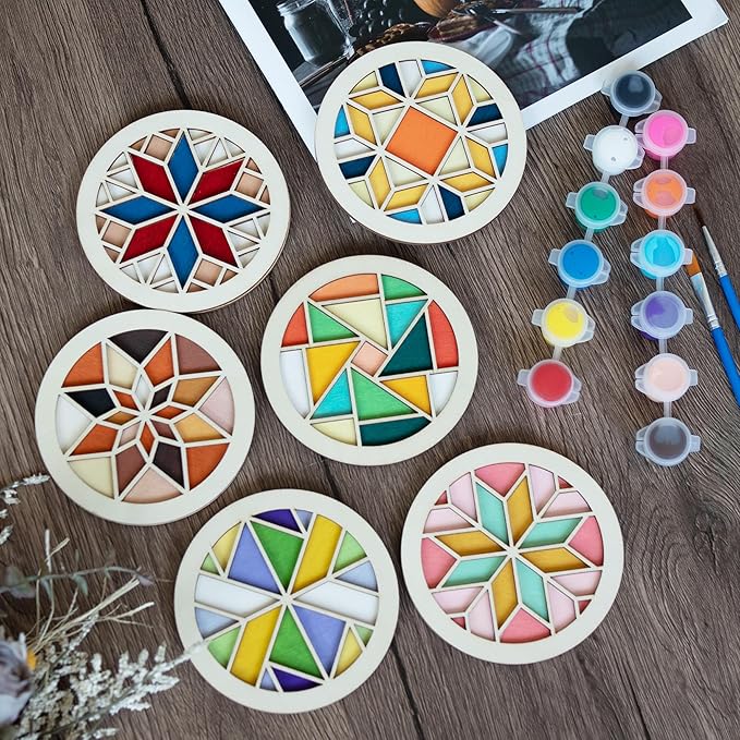 Temlum Wooden Coasters Painting Kit, Paint You Own Coaster Wooden Painting Craft Kit for Adults and Beginners Art Craft Supplies (Barn Quilt)