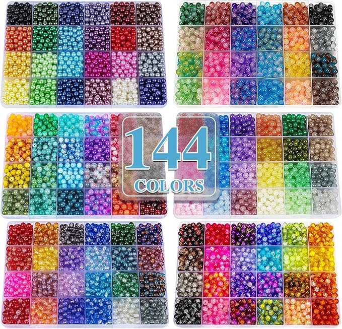 XSEINO About 7200PCS 6mm Glass Beads Bracelet Making Kit,144 Assorted Designs Special Color Series Crystal Floral Pearl Crack Ink Dual Colorful Beads for Bracelet and DIY Crafts and Jewelry Making