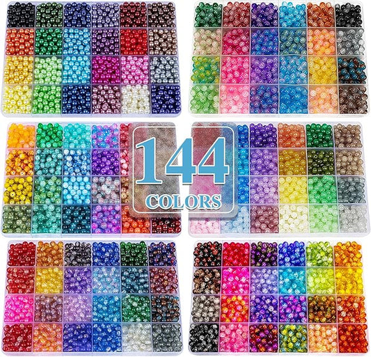 XSEINO About 7200PCS 6mm Glass Beads Bracelet Making Kit,144 Assorted Designs Special Color Series Crystal Floral Pearl Crack Ink Dual Colorful Beads for Bracelet and DIY Crafts and Jewelry Making