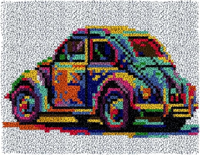 LAPATAIN Latch Hook Kits for Adults,Volkswagen Beetle Pattern Color Printed Canvas DIY Rug Kits Carpet Embroidery Sofa Cushion,Beginners Handmade Needlework Crafts Home Decoration 20.5x15inch LT3
