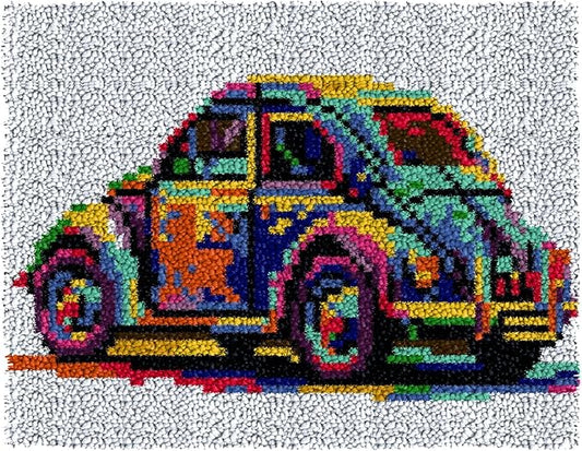 LAPATAIN Latch Hook Kits for Adults,Volkswagen Beetle Pattern Color Printed Canvas DIY Rug Kits Carpet Embroidery Sofa Cushion,Beginners Handmade Needlework Crafts Home Decoration 20.5x15inch LT3