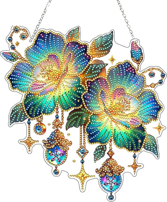 JJFox Diamond Art Hanging Kit for Adult,Special Shaped Rhinestone,DIY Acrylic 5D Diamond Art Painting Window Pendants Home Garden Wall Hanging Kits Hanging Ornament (Flower)