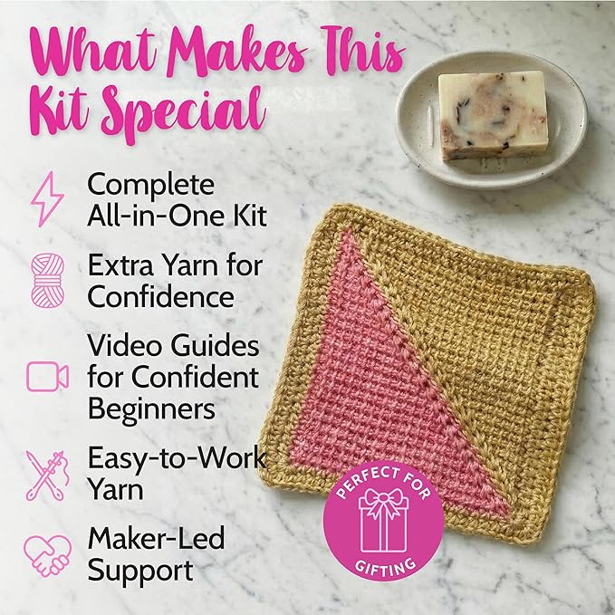 KnitPal Everyday Joy Tunisian Crochet Dishcloth Kit for Confident Beginners – Make 4 Reusable Dishcloths – Cotton Yarn, Tunisian Crochet Hook, 2 Patterns & Video Tutorials (Camel Brown+Flamingo Pink)