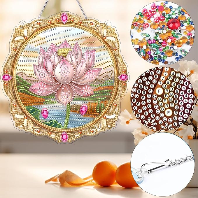 Bimkole Lotus Diamond Art Hanging Kit for Adult, DIY 5D Diamond Art Flower Window Pendant, Acrylic Crystal Art Hanging Ornament Home Wall Garden Front Door Sign Outdoor Decor 7.8x7.8 Inch