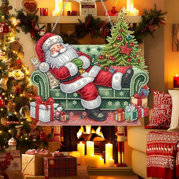 DIY Acrylic Diamond Art Painting Wreath Kits Special Shaped Rhinestone 5D Diamond Art Window Pendants Home Garden Wall Hanging Kits Hanging Ornament (Sleepy Santa Claus)