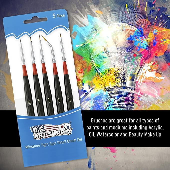 U.S. Art Supply 5 Piece Miniature Tight Spot Micro Fine Detail Art & Beauty Taklon Brush Set with Wood Handles