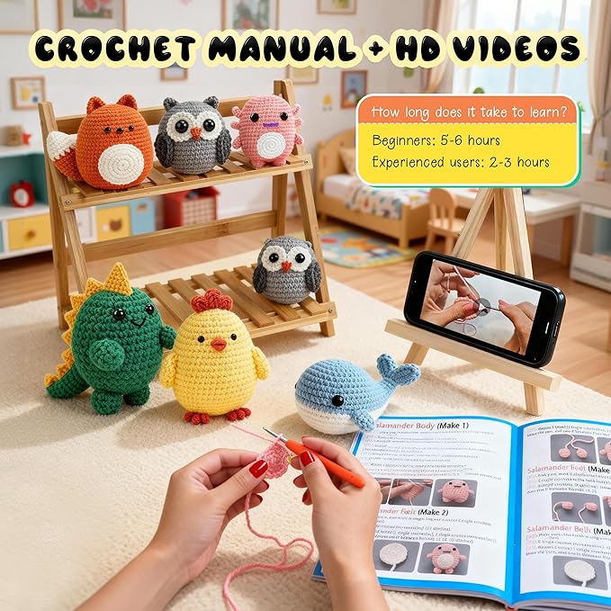 Joyclub 6 Pcs Crochet Kit for Beginners Crochet Starter Kits for Adults and Kids Great Birthday Gifts for Crocheting Lovers with Step by Step Video Amigurumi Animal Family Knitting Kit DIY Craft