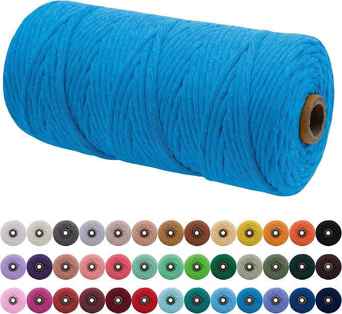 JeogYong Single Strand Macrame Cord 3mm x 109 Yards (328 Feet) Soft Cotton Rope Macrame Yarn 3 mm Macrame Cord, Macrame Supplies for Crafts Wall Hangings Plant Hangers Decorations (Lake Blue)
